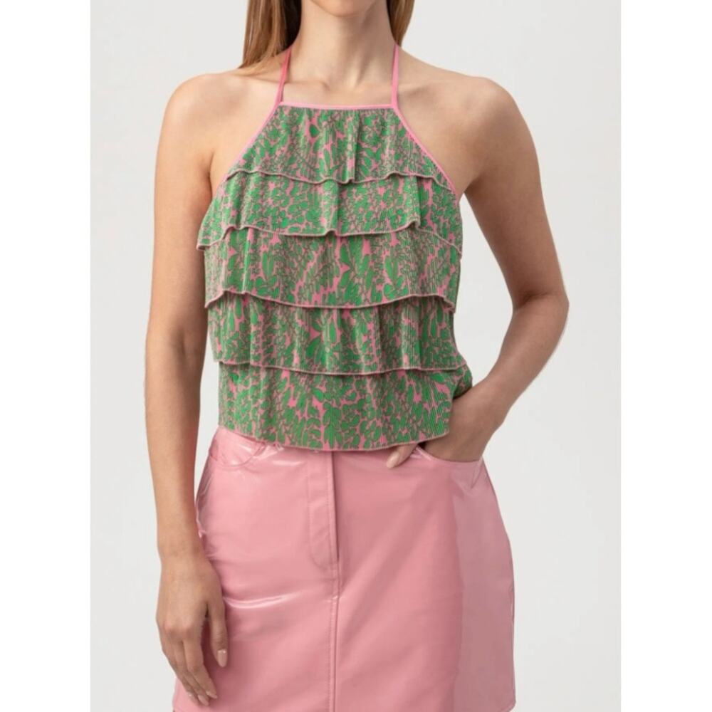 Trina Turk Womens Large Petal Print Plissé Ruffle Halter Top in Pink Dawn NEW